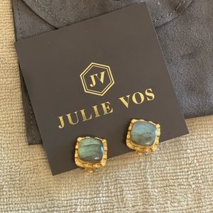 Julie Vos gold clip on earrings with iridescent aquamarine blue gem stone.